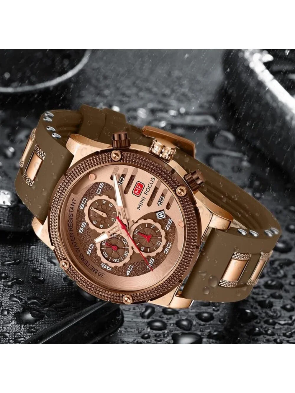 Men's Rose Coffee Chronograph Waterproof Sport Military Analog Quartz Wristwatch